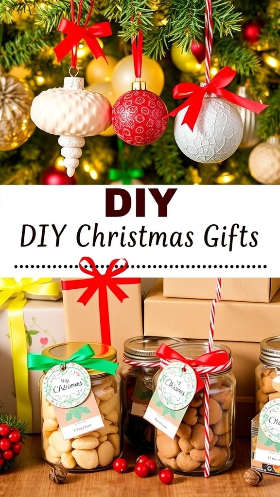 A collection of DIY Christmas gifts including ornaments, photo album, and homemade treats, wrapped in festive decorations.